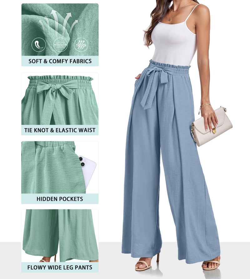 Lepunuo Womens Casual High Waist Palazzo Pants Loose Boho Wide Leg Beach Pants Flowy Belted Trousers - Image 3