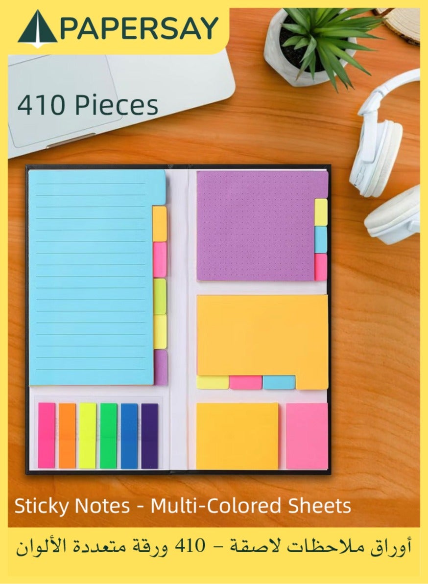 410-Piece Sticky Note System: Colorful Divider Tabs + Self-Stick Pads + Bookmark index Perfect for Organizing Planners, Textbooks, or Office Documents with Effortless Repositioning.
