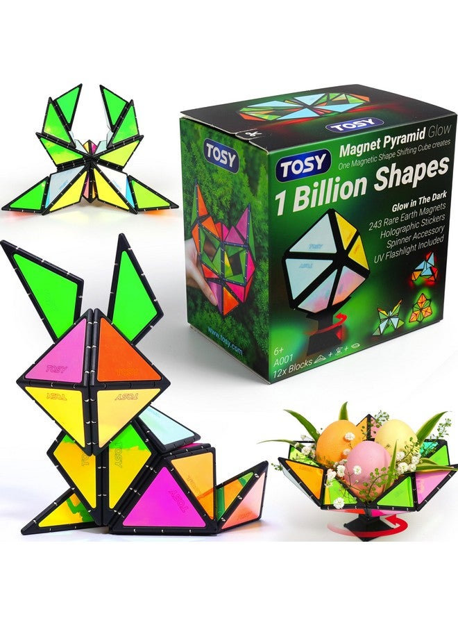 TOSY Magnet Pyramid Glow - 1 Cube Transforms into 1 Billion Shapes, 12 Pieces, 243 Rare Earth Magnets, Glowing, Holographic Design Magnet Tiles Creative Puzzle STEAM Toy - Image 1