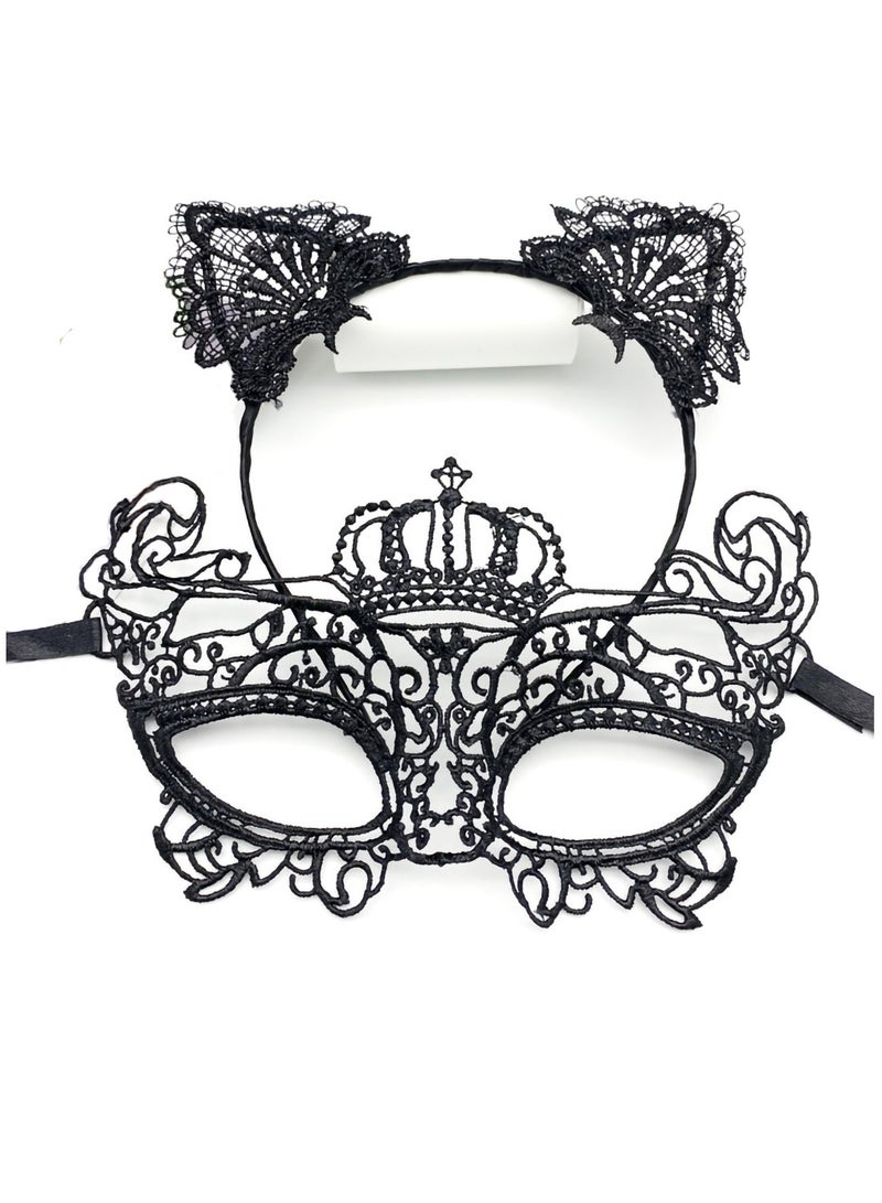 Loquat Women's Masquerade Mask and Headband Set, Black Lace Cat Ears Headband Set Venetian Masquerade Mask Party Costume Accessories Filigree Mask Headband (Set of 2) - Image 1