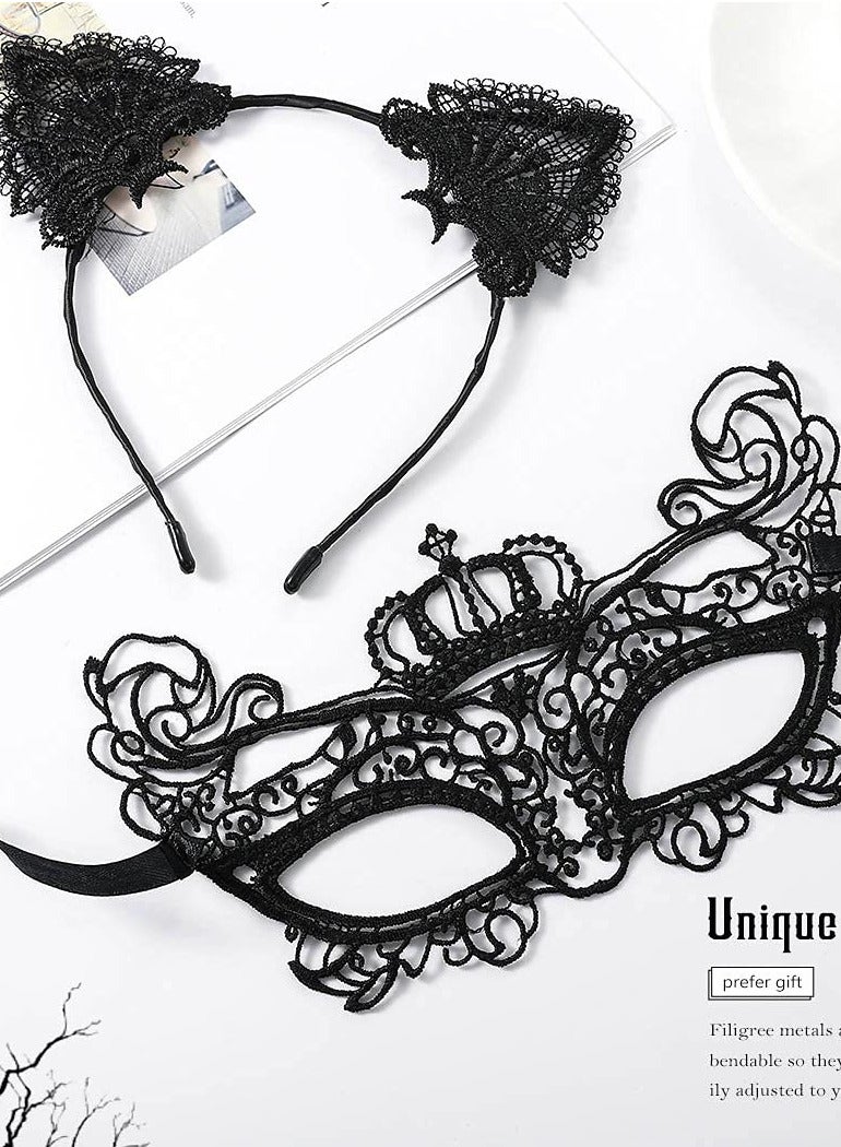 Loquat Women's Masquerade Mask and Headband Set, Black Lace Cat Ears Headband Set Venetian Masquerade Mask Party Costume Accessories Filigree Mask Headband (Set of 2) - Image 2