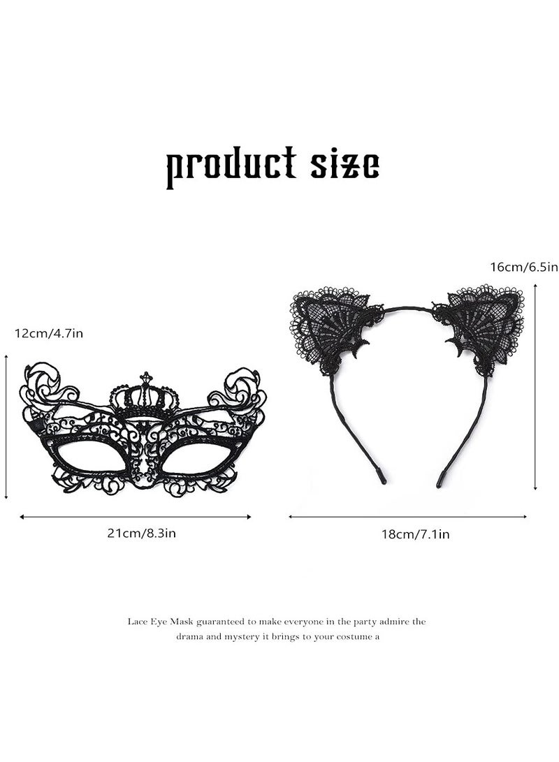Loquat Women's Masquerade Mask and Headband Set, Black Lace Cat Ears Headband Set Venetian Masquerade Mask Party Costume Accessories Filigree Mask Headband (Set of 2) - Image 3