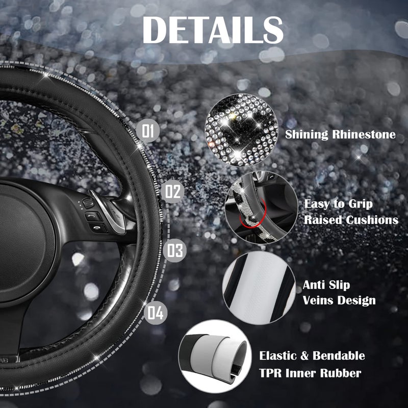 CAR PASS Bling Cow Print Diamond Steering Wheel Cover, with Sparkly Crystal Glitter Rhinestones Black Leather Car Wheel Protect for Women Girl Fit Suvs,Vans,Sedans,Cars,Trucks, 14" 1/2-15" Cow Design - Image 5