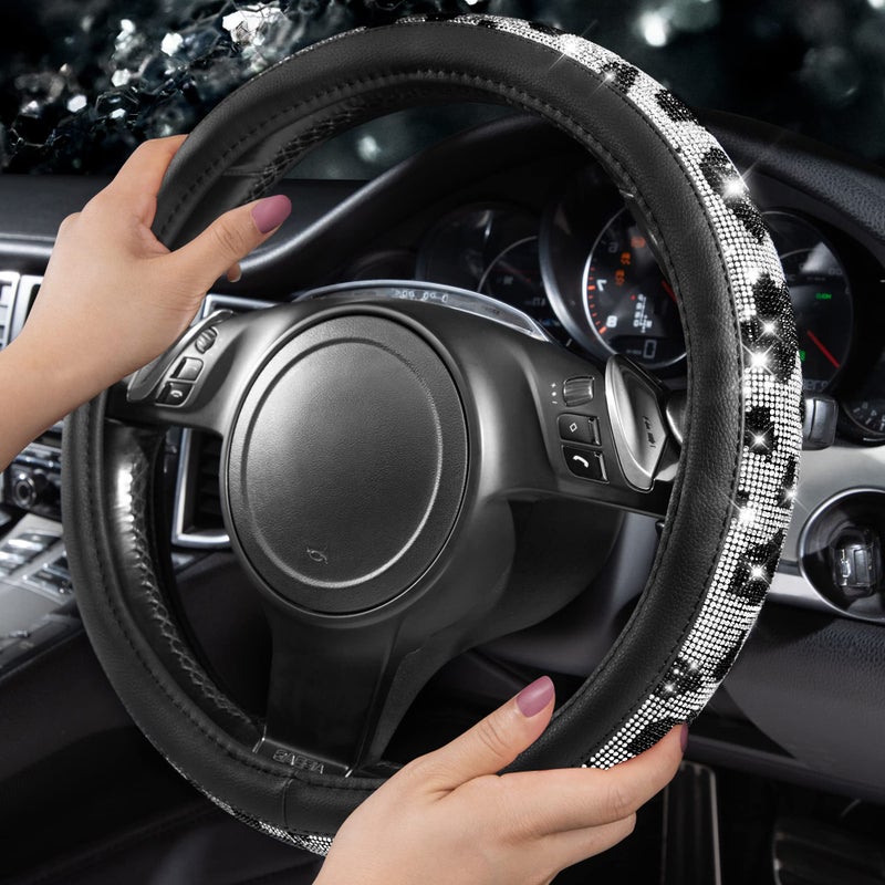 CAR PASS Bling Cow Print Diamond Steering Wheel Cover, with Sparkly Crystal Glitter Rhinestones Black Leather Car Wheel Protect for Women Girl Fit Suvs,Vans,Sedans,Cars,Trucks, 14" 1/2-15" Cow Design - Image 3