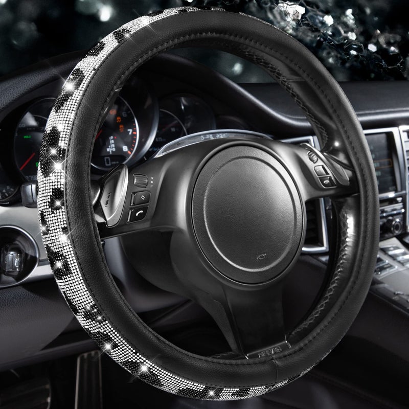 CAR PASS Bling Cow Print Diamond Steering Wheel Cover, with Sparkly Crystal Glitter Rhinestones Black Leather Car Wheel Protect for Women Girl Fit Suvs,Vans,Sedans,Cars,Trucks, 14" 1/2-15" Cow Design - Image 1