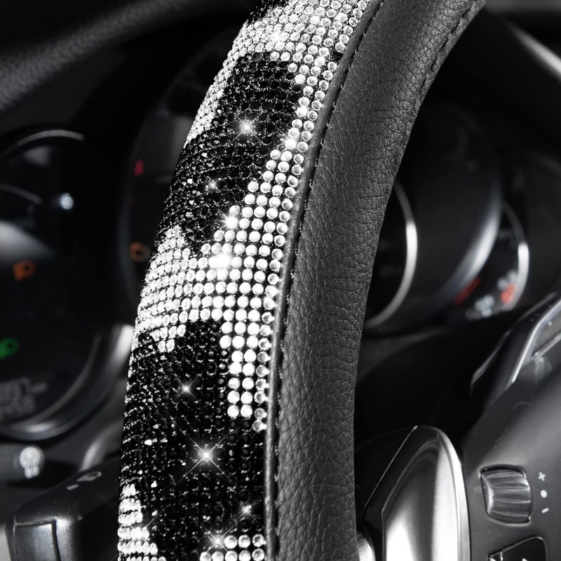 CAR PASS Bling Cow Print Diamond Steering Wheel Cover, with Sparkly Crystal Glitter Rhinestones Black Leather Car Wheel Protect for Women Girl Fit Suvs,Vans,Sedans,Cars,Trucks, 14" 1/2-15" Cow Design - Image 2