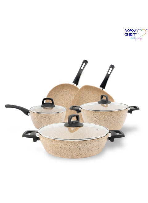 Premium Granite 8-PCS Cookware Set. Set includes: 18cm Sauce Pan, 26cm Deep and Shallow Casseroles, 26cm Fry and 28cm Grill Pans with Lids. Made in Turkey.