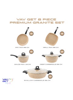 VAV Premium Granite 8-PCS Cookware Set. Set includes: 18cm Sauce Pan, 26cm Deep and Shallow Casseroles, 26cm Fry and 28cm Grill Pans with Lids. Made in Turkey.  - Image 3