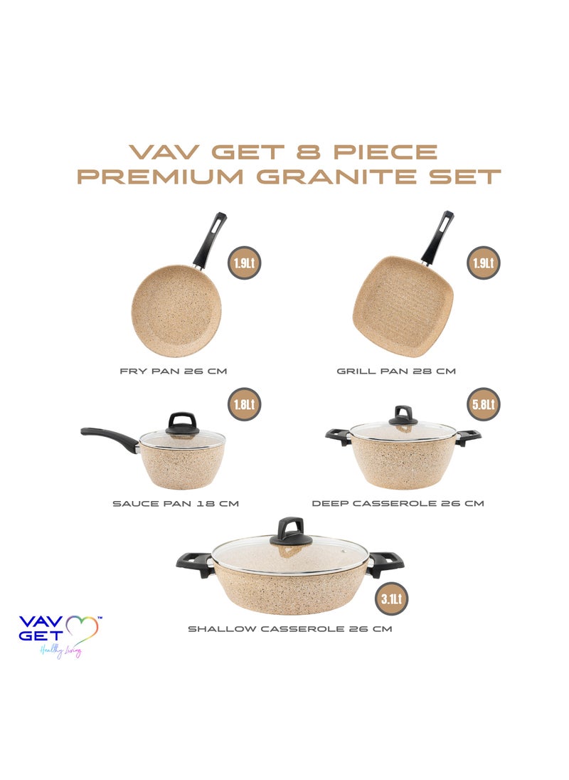 VAV طقم أواني طهي جرانيت فاخر 8 قطع. تشتمل المجموعة على: مقلاة صلصة مقاس 18 سم، وطواجن عميقة وضحلة مقاس 26 سم، ومقلاة مقاس 26 سم، ومقالي شواء بأغطية مقاس 28 سم. صنع في تركيا.  - Image 3