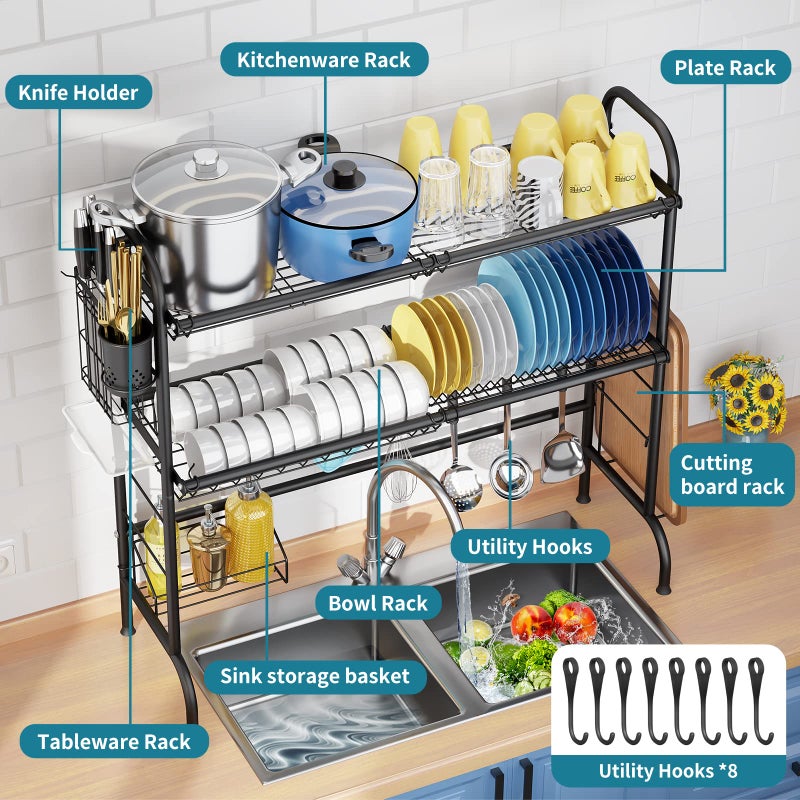 HOWDIA 3-Tier Over The Sink Dish Drying Rack,Stainless Steel Dish Rack with Cutlery Holder & Chopping Board Rack, 33.9â€ x 11.4â€ x 32.3â€ for Maximum Kitchen Storageï¼ˆBlackï¼‰ - Image 5