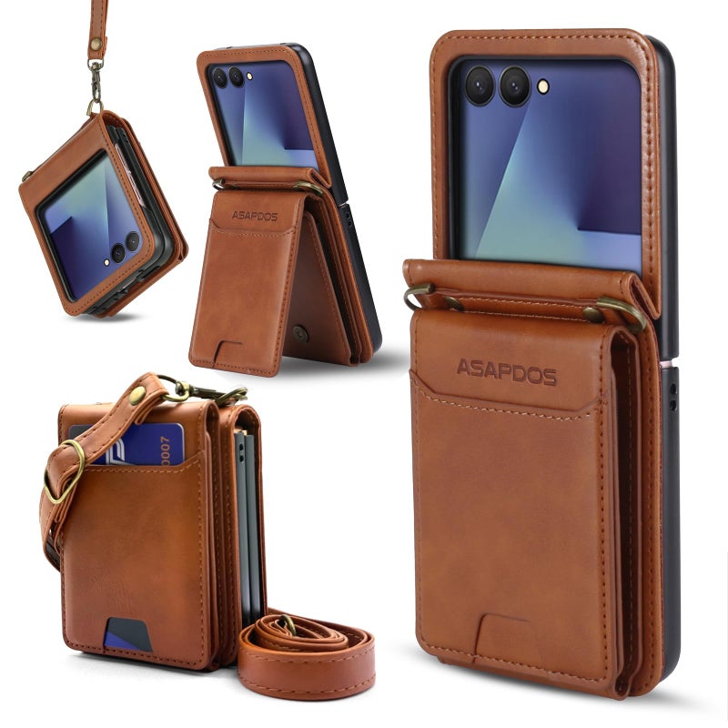 ASAPDOS for Samsung Galaxy Z Flip 7 PU Leather Wallet Phone Case with Card Slots (Holds 5-7 Cards), Anti-Drop Protection, Wrist & Shoulder Strap Brown - Image 1