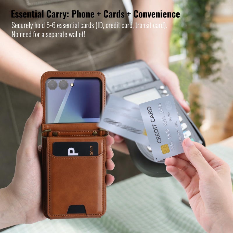 ASAPDOS for Samsung Galaxy Z Flip 7 PU Leather Wallet Phone Case with Card Slots (Holds 5-7 Cards), Anti-Drop Protection, Wrist & Shoulder Strap Brown - Image 4