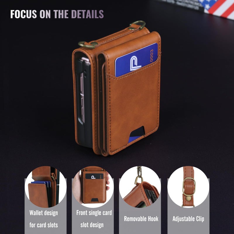 ASAPDOS for Samsung Galaxy Z Flip 7 PU Leather Wallet Phone Case with Card Slots (Holds 5-7 Cards), Anti-Drop Protection, Wrist & Shoulder Strap Brown - Image 5