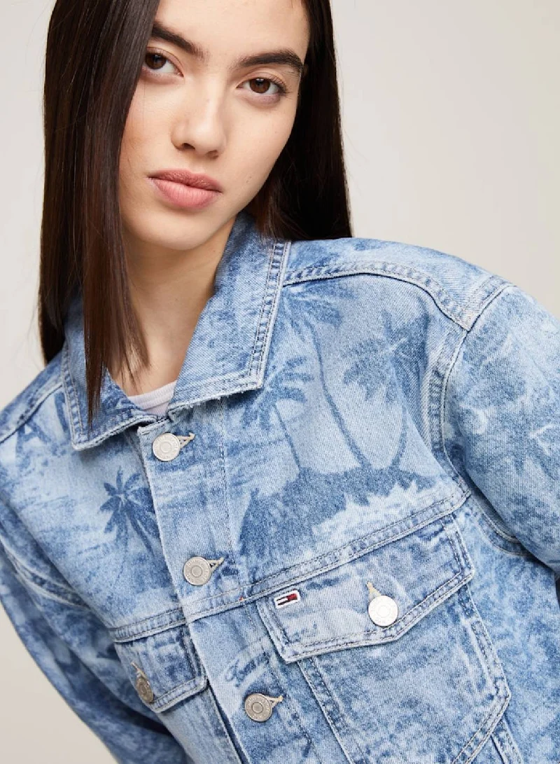 TOMMY JEANS Women's Cropped Hawaiian Denim Trucker Jacket -  Recycled rigid denim, Blue