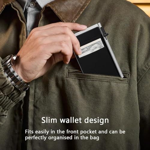 Ahamo Slim RFID Blocking Metal Card Wallet for Men Women | Silver + Black Card Holder | Pop Up Credit Card Case | Minimalist Smart Wallet (Black Card Sleeve) - Image 3