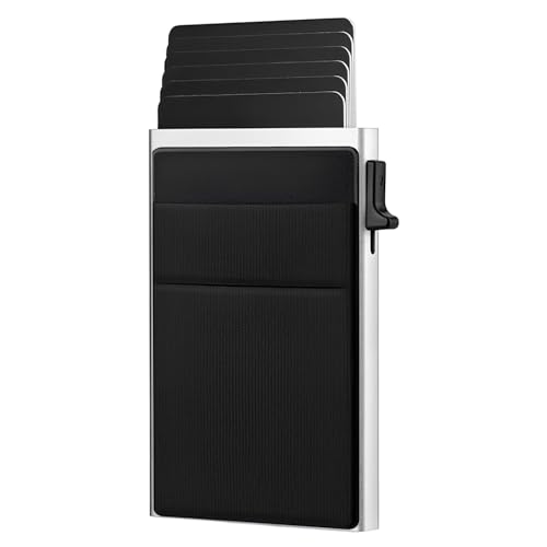 Ahamo Slim RFID Blocking Metal Card Wallet for Men Women | Silver + Black Card Holder | Pop Up Credit Card Case | Minimalist Smart Wallet (Black Card Sleeve) - Image 1