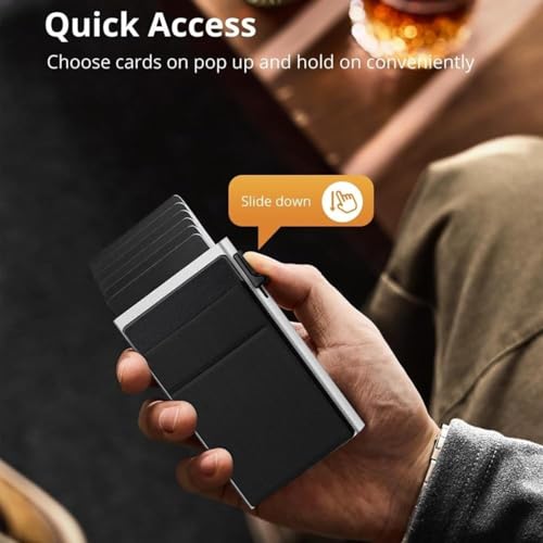 Ahamo Slim RFID Blocking Metal Card Wallet for Men Women | Silver + Black Card Holder | Pop Up Credit Card Case | Minimalist Smart Wallet (Black Card Sleeve) - Image 5