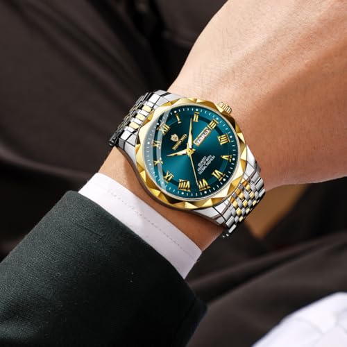 BINBOND Green Men's Watch Luxury Business Dress Analog Quartz Stainless Steel Casual Date Wrist Watches for Men Easy Read Roman Numeral Large Dial Waterproof Luminous - Image 2
