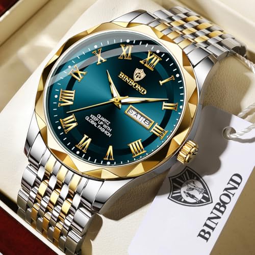 BINBOND Green Men's Watch Luxury Business Dress Analog Quartz Stainless Steel Casual Date Wrist Watches for Men Easy Read Roman Numeral Large Dial Waterproof Luminous - Image 3