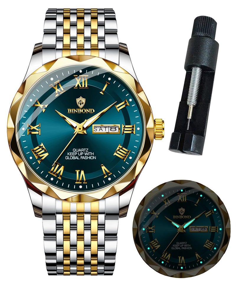 BINBOND Green Men's Watch Luxury Business Dress Analog Quartz Stainless Steel Casual Date Wrist Watches for Men Easy Read Roman Numeral Large Dial Waterproof Luminous - Image 1