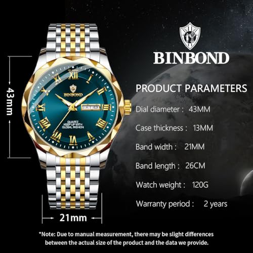 BINBOND Green Men's Watch Luxury Business Dress Analog Quartz Stainless Steel Casual Date Wrist Watches for Men Easy Read Roman Numeral Large Dial Waterproof Luminous - Image 5