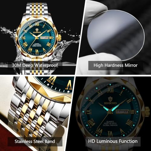 BINBOND Green Men's Watch Luxury Business Dress Analog Quartz Stainless Steel Casual Date Wrist Watches for Men Easy Read Roman Numeral Large Dial Waterproof Luminous - Image 4