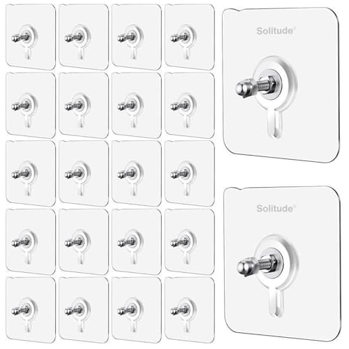 Solitude 20 Pack Heavy Duty Self-Adhesive Screw Hooks as Strong Wall Hanging Solutions Without Drilling for Kitchen and Bathroom Accessories (Screw Hook Hanger, Transparent) - Image 1