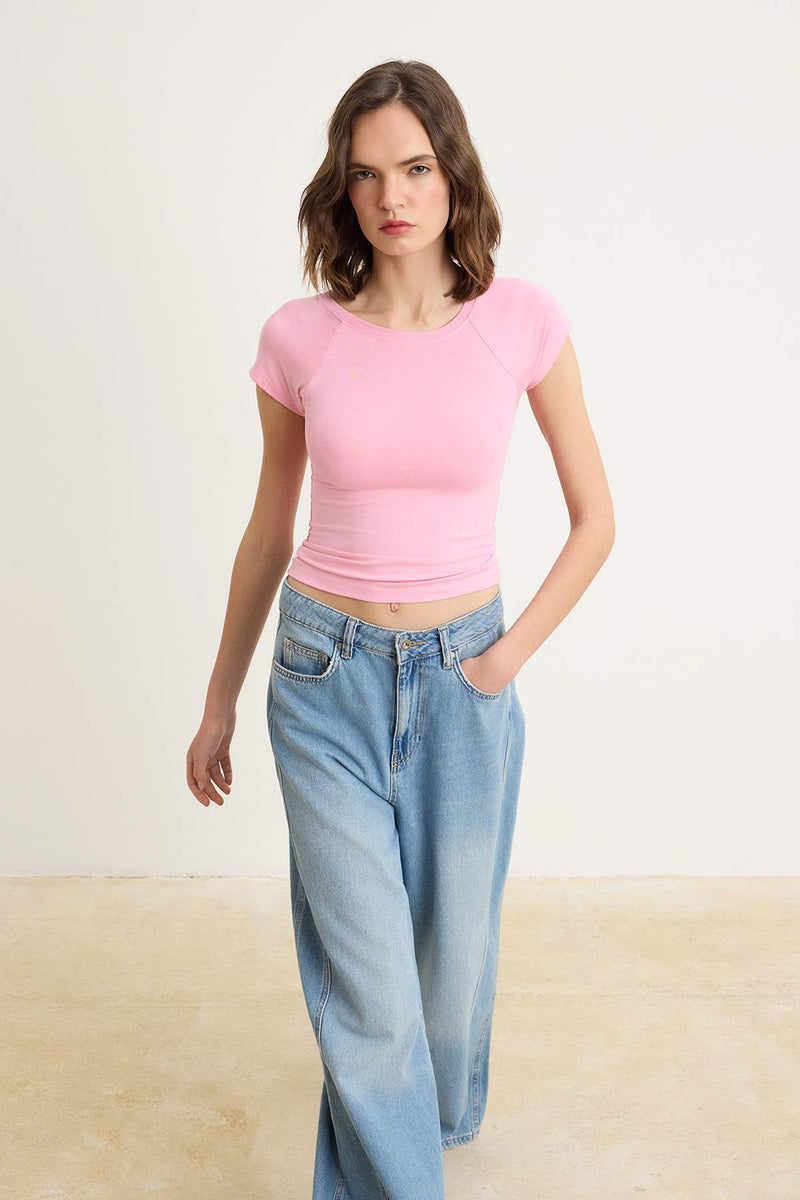 trendyol Pink Regular/Normal Fit Raglan Sleeve Short Sleeve Soft Knitted T-Shirt Twoss26Ts00267 - Image 2