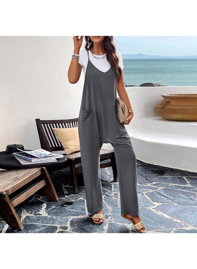 Di Yun European And American Women's Fashion  Spring/summer Stylish Casual V-neck Solid Color Slim-fit Strap Jumpsuit