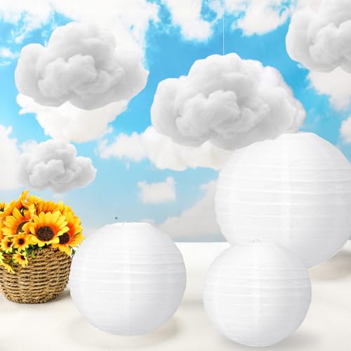 Baquler 10 Pcs White Paper Lanterns with Fiber 3D Clouds Decorations for Ceiling Hanging DIY Clouds Ornament Round Paper Lanterns Lamp for Room,Birthday,Bridal,Home,Wedding Art Stage Party Supplies - Image 4