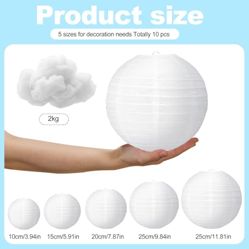 Baquler 10 Pcs White Paper Lanterns with Fiber 3D Clouds Decorations for Ceiling Hanging DIY Clouds Ornament Round Paper Lanterns Lamp for Room,Birthday,Bridal,Home,Wedding Art Stage Party Supplies - Image 2