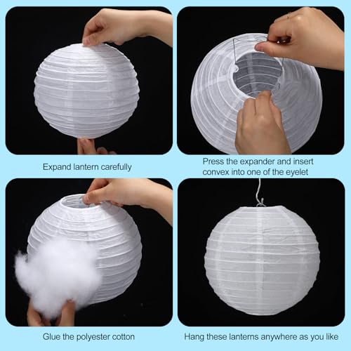 Baquler 10 Pcs White Paper Lanterns with Fiber 3D Clouds Decorations for Ceiling Hanging DIY Clouds Ornament Round Paper Lanterns Lamp for Room,Birthday,Bridal,Home,Wedding Art Stage Party Supplies - Image 3