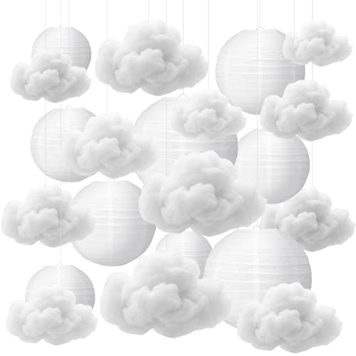 Baquler 10 Pcs White Paper Lanterns with Fiber 3D Clouds Decorations for Ceiling Hanging DIY Clouds Ornament Round Paper Lanterns Lamp for Room,Birthday,Bridal,Home,Wedding Art Stage Party Supplies - Image 1