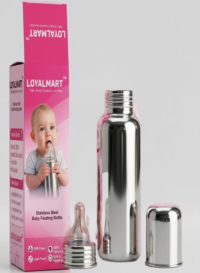 Loyalmart Stainless Steel Baby Bottle Baby Feeding Bottle 250ml BPA Free Easy Clean Hygienic Safe Use Soft Silicone Nipple Leak Proof, Newborn Milk Bottle - Image 1