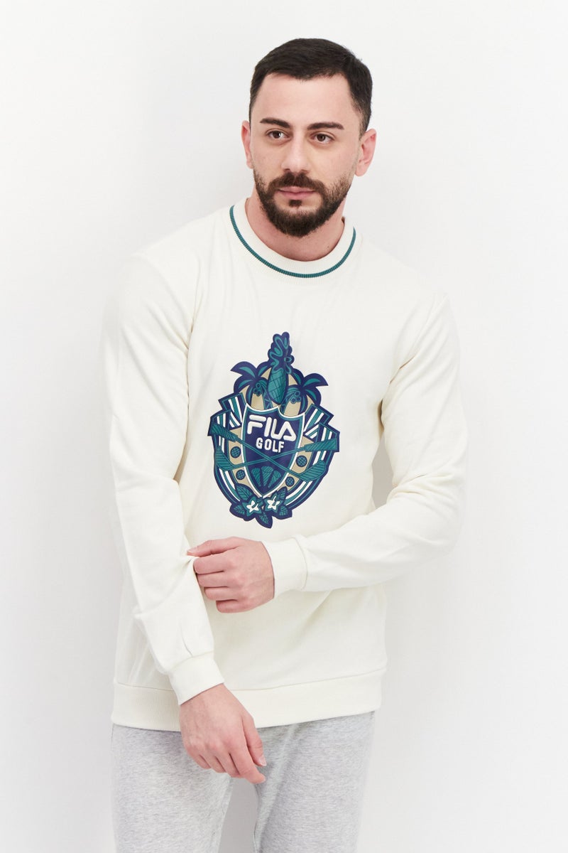 FILA سويت شيرت رياضي للرجال بقصة مريحة، ياقة دائرية، أكمام طويلة، خارجي، بيج - Image 1