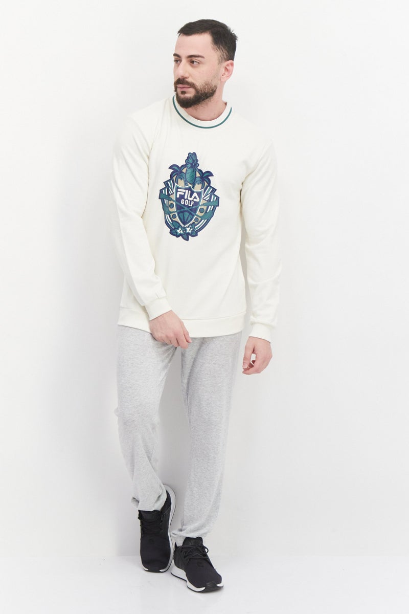 FILA سويت شيرت رياضي للرجال بقصة مريحة، ياقة دائرية، أكمام طويلة، خارجي، بيج - Image 3