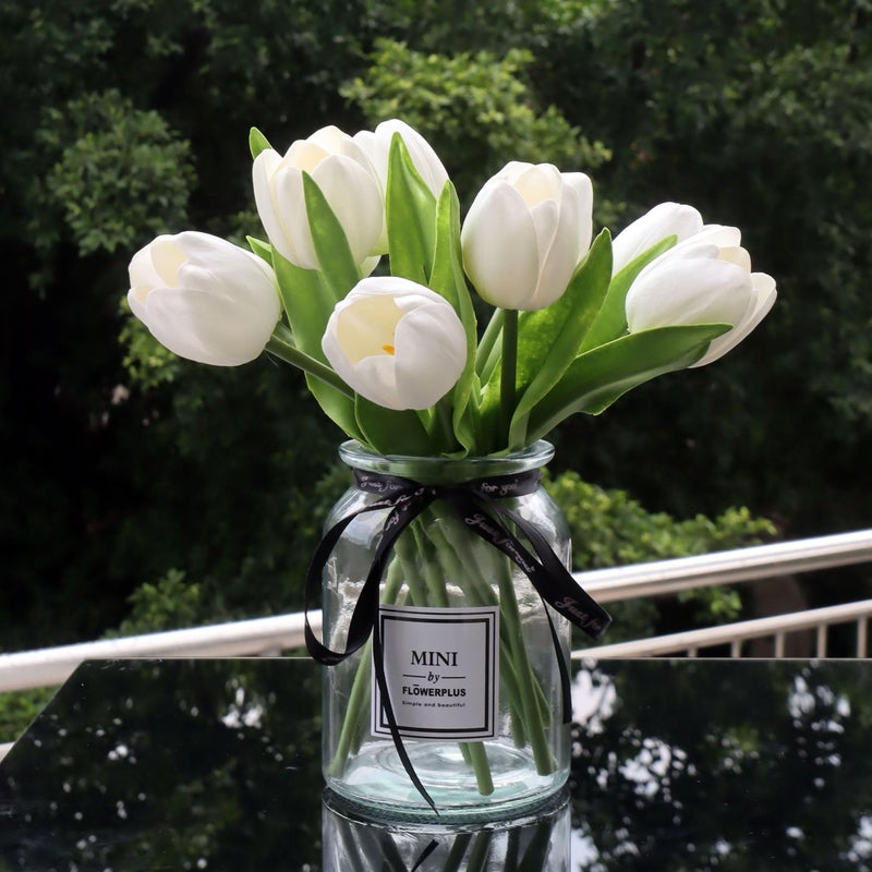 grtefhu 10pcs Fake Faux Tulips in Vase,Silk White Tulipanes Tulips Artificial Flowers Real Touch Arrangements with Vase for Desk Table Decoration Home Decor - Image 1