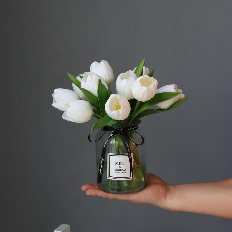 grtefhu 10pcs Fake Faux Tulips in Vase,Silk White Tulipanes Tulips Artificial Flowers Real Touch Arrangements with Vase for Desk Table Decoration Home Decor - Image 2
