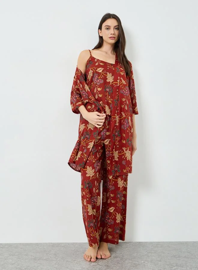 Styli Pack of 3 - Cotton Floral Cami, Pants and Robe Set