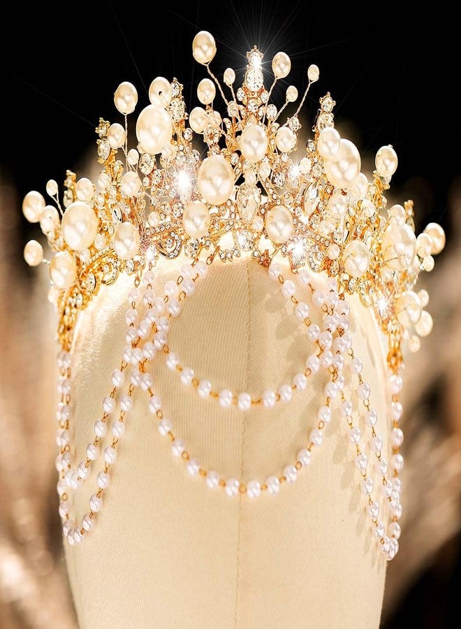 كيلشي تيجان زفاف من اللؤلؤ الذهبي من كيلشاي، طوق رأس مرصع بأحجار الراين، قطعة رأس كريستالية أنيقة لحفلات التخرج للنساء - Image 2