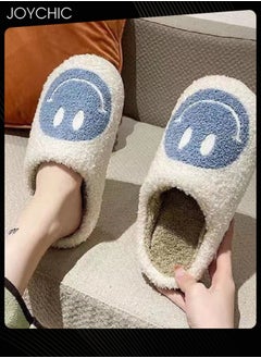 Joychic Autumn Winter Warm Smiley Face Designed Bedroom Slippers White/Blue for Women/Men  - Image 2