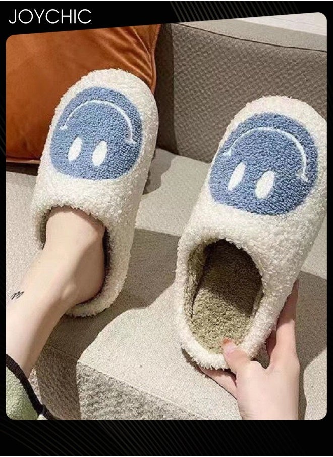 Joychic Autumn Winter Warm Smiley Face Designed Bedroom Slippers White/Blue for Women/Men  - Image 2