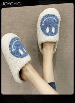 Joychic Autumn Winter Warm Smiley Face Designed Bedroom Slippers White/Blue for Women/Men  - Image 3