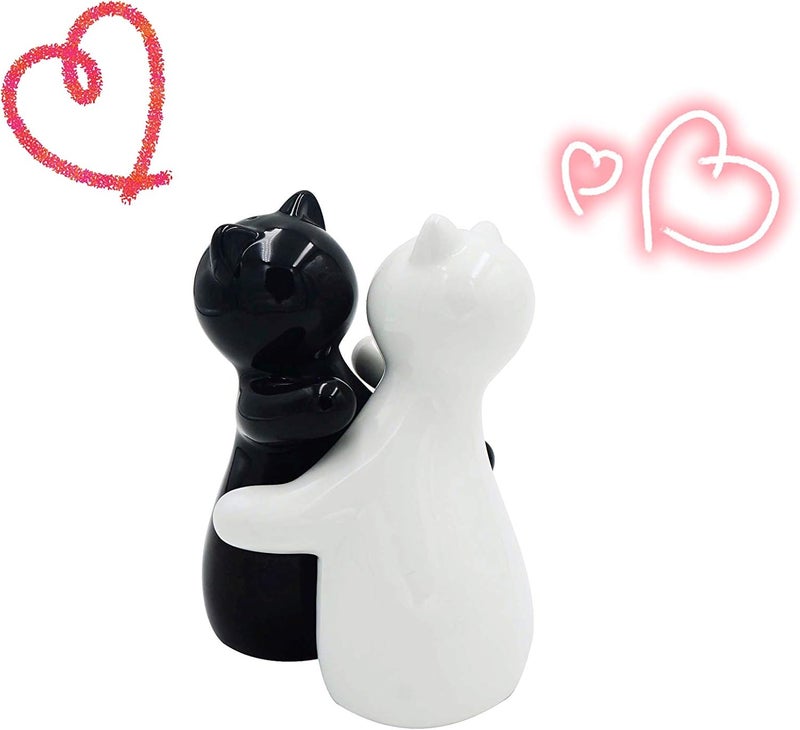 Holitika Cat Salt and Pepper Shakers, Cute Hugging Cat Couple Set, White & Black Set, Easy to Refill & Dispense (Seasoning & Spice) - Perfect for Gift, S1 - Image 1
