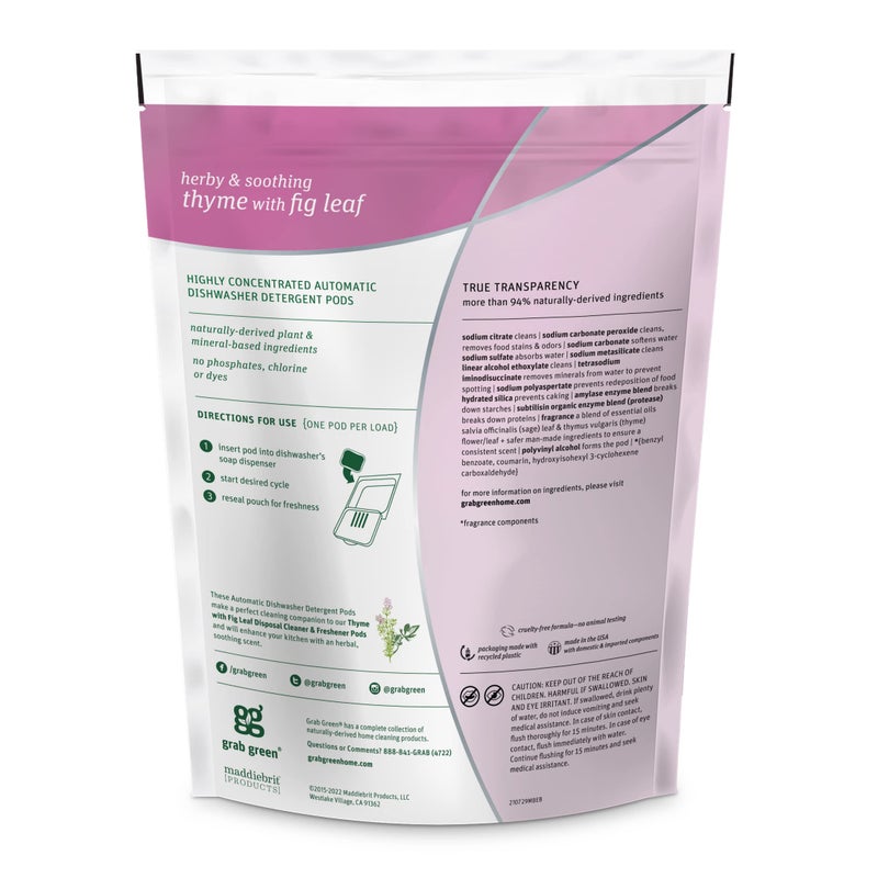 Grab Green Automatic Dishwashing Detergent Pods, 24 Count, Thyme Fig Leaf Scent, Plant and Mineral Based, Superior Cleaning, Powerful Grease Removal, - Image 2