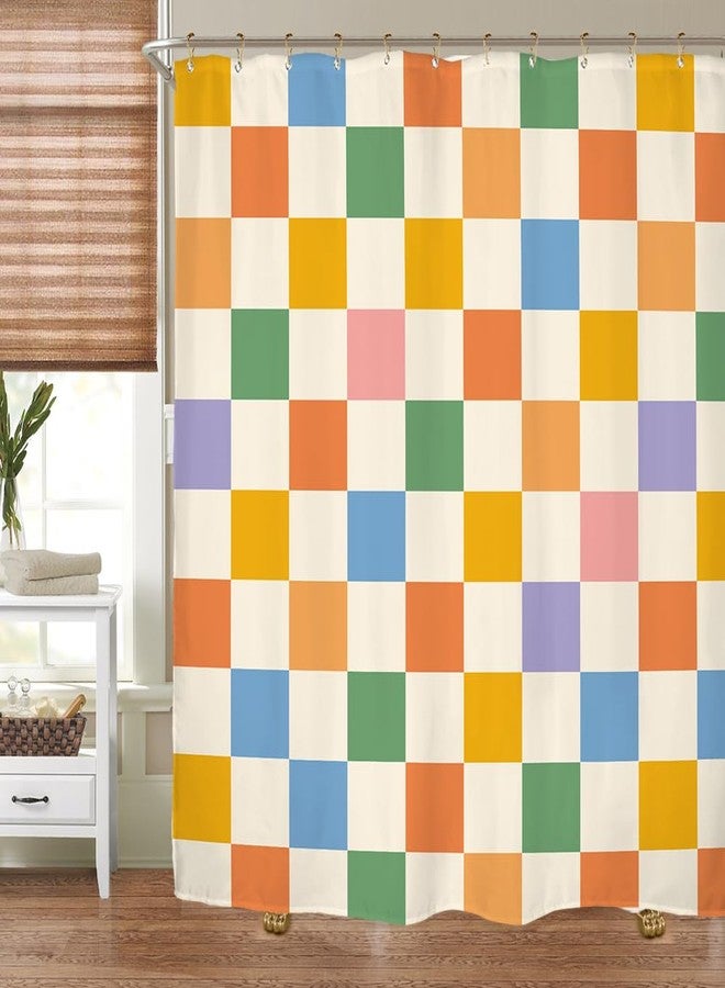 Miyotaa Groovy Retro 70s Plaid Shower Curtain Set 60Wx71H Inches Cute Checkered Vintage 60s Colorful Modern Aesthetic Funky Hippie Polyester Bathroom Curtain with 12 Hooks - Image 4