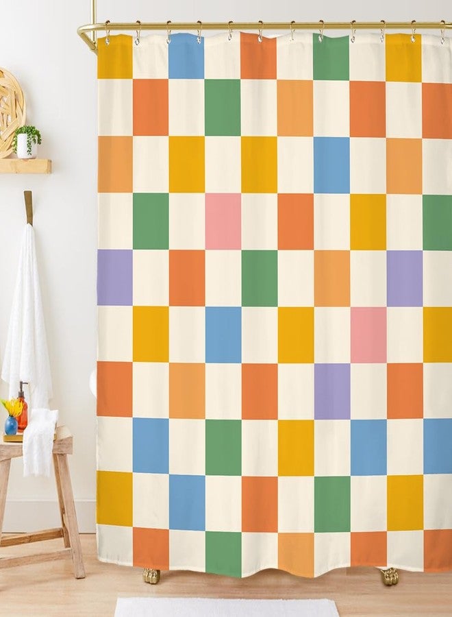Miyotaa Groovy Retro 70s Plaid Shower Curtain Set 60Wx71H Inches Cute Checkered Vintage 60s Colorful Modern Aesthetic Funky Hippie Polyester Bathroom Curtain with 12 Hooks - Image 1