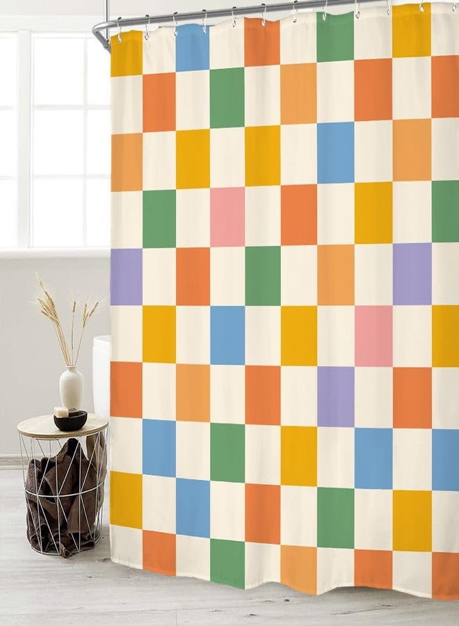Miyotaa Groovy Retro 70s Plaid Shower Curtain Set 60Wx71H Inches Cute Checkered Vintage 60s Colorful Modern Aesthetic Funky Hippie Polyester Bathroom Curtain with 12 Hooks - Image 2