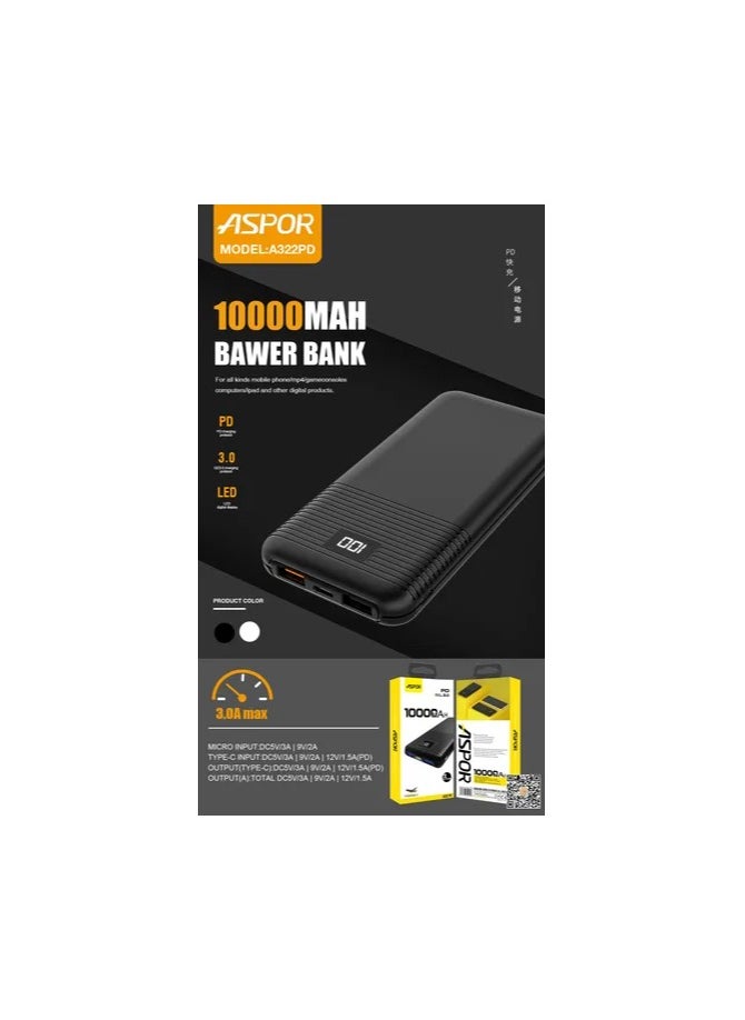 Aspor - Aspor A-322 Wired Power Bank Charger 10000 Mah - Black - Image 1