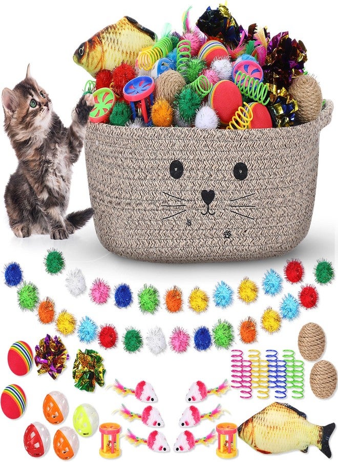 زوبيل مجموعة ألعاب هدايا سلة تخزين القطط من زوبيل، 58 قطعة، كرات ملونة وامضة، كرات جرس للحيوانات الأليفة، كرات خشخشة، ألعاب زنبركية تجذب القطط للضرب والمطاردة، تفاعلية للحيوانات الأليفة (بني داكن، 12 بوصة) - Image 1